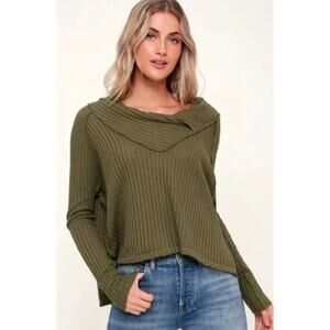 Free People Wildcat Thermal Long Sleeve Top Small Olive Green Boho Waffle Knit
